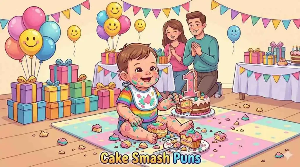 Baby smashing birthday cake happily