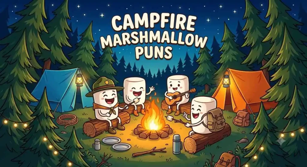 Funny marshmallow campers around fire