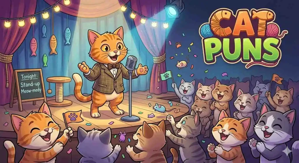Funny cartoon cat making jokes