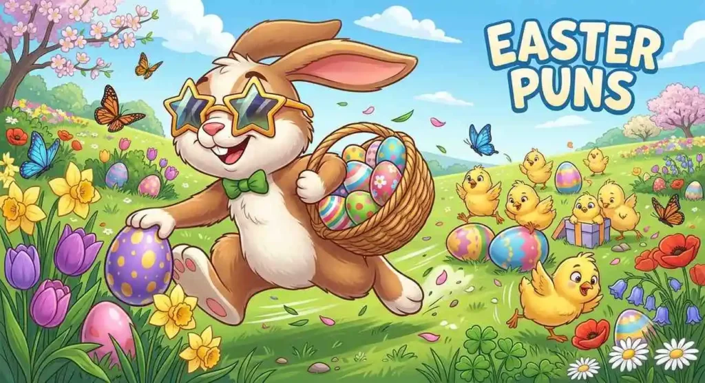Funny Easter bunny hiding eggs