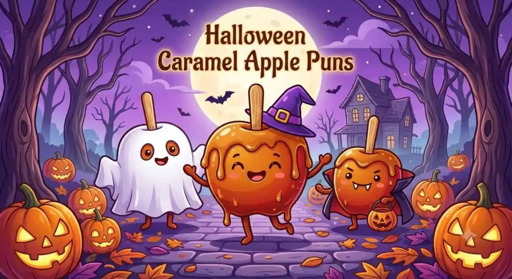 Halloween caramel apples wearing costumes.
