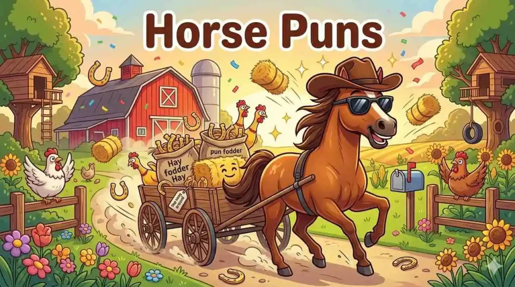 Funny cartoon horse on farm