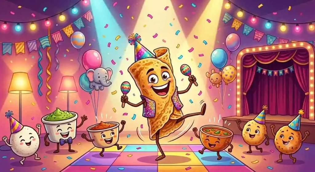 Cartoon dosa celebrating at festive party