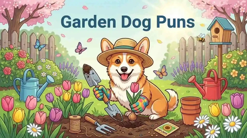 Dog gardening in spring flowers