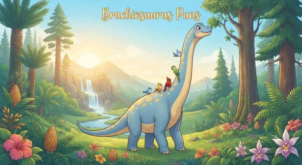 Happy Brachiosaurus eating leaves