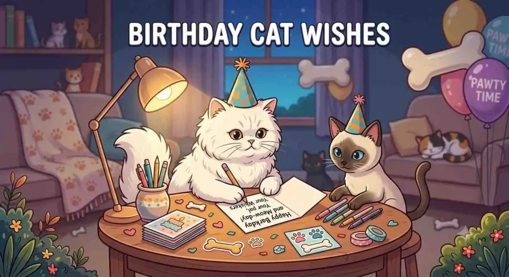 Cute cat writing birthday card wishes