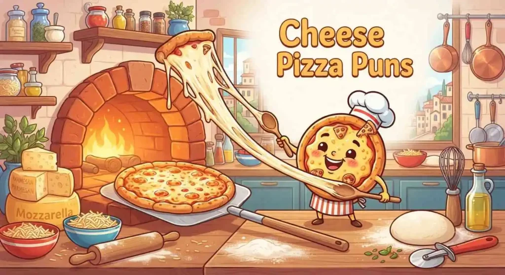 Funny cheese pizza with stretchy cheese