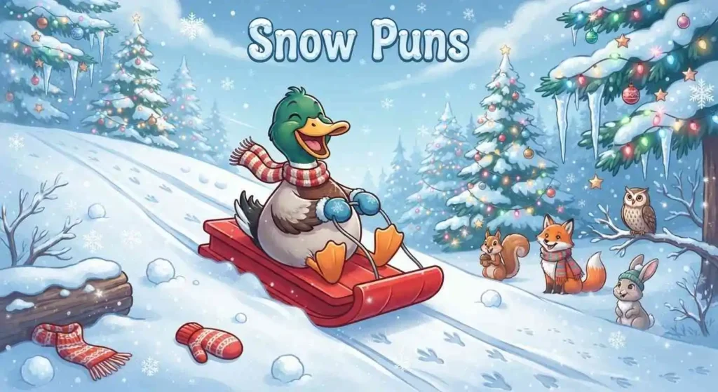 Duck playing snowy winter