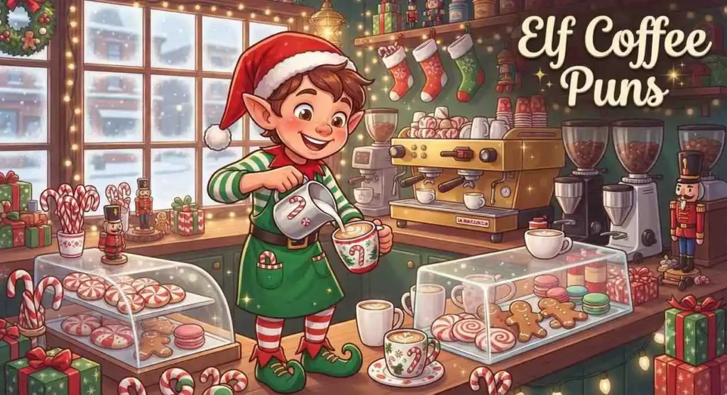 Happy elf serving holiday coffee