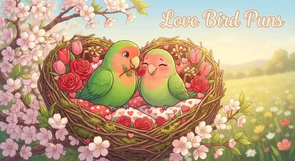 Romantic birds sharing flowers
