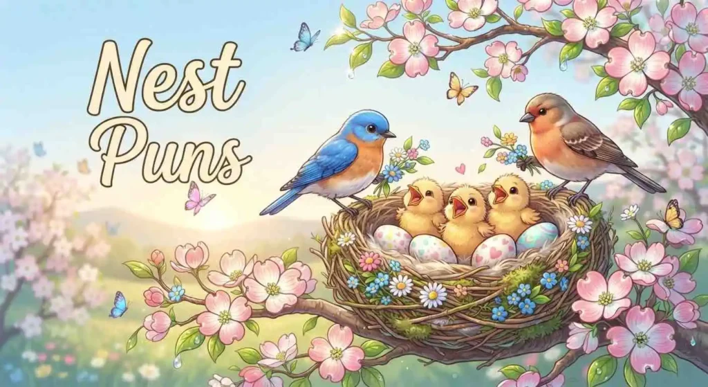 Cute birds inside cozy nest