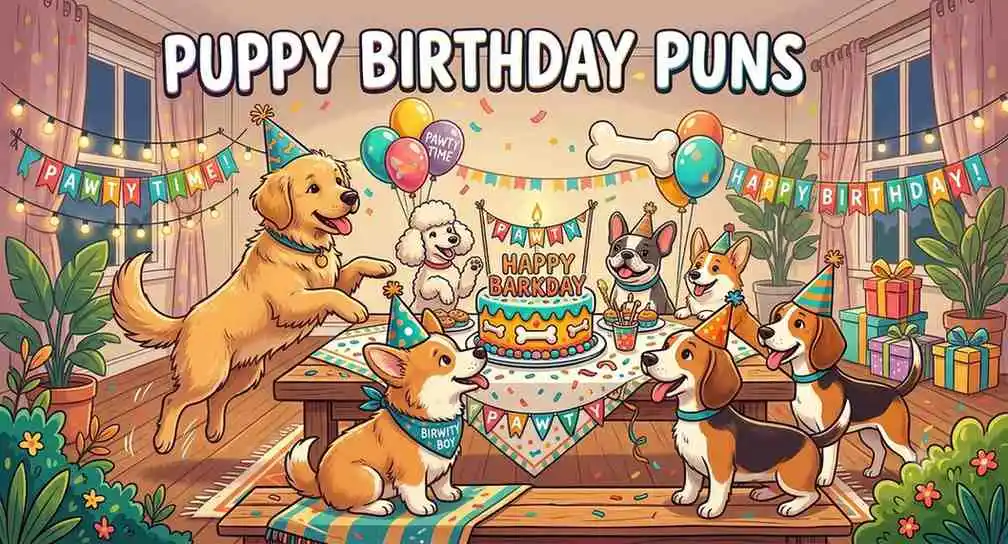 Cute puppies wearing party hats