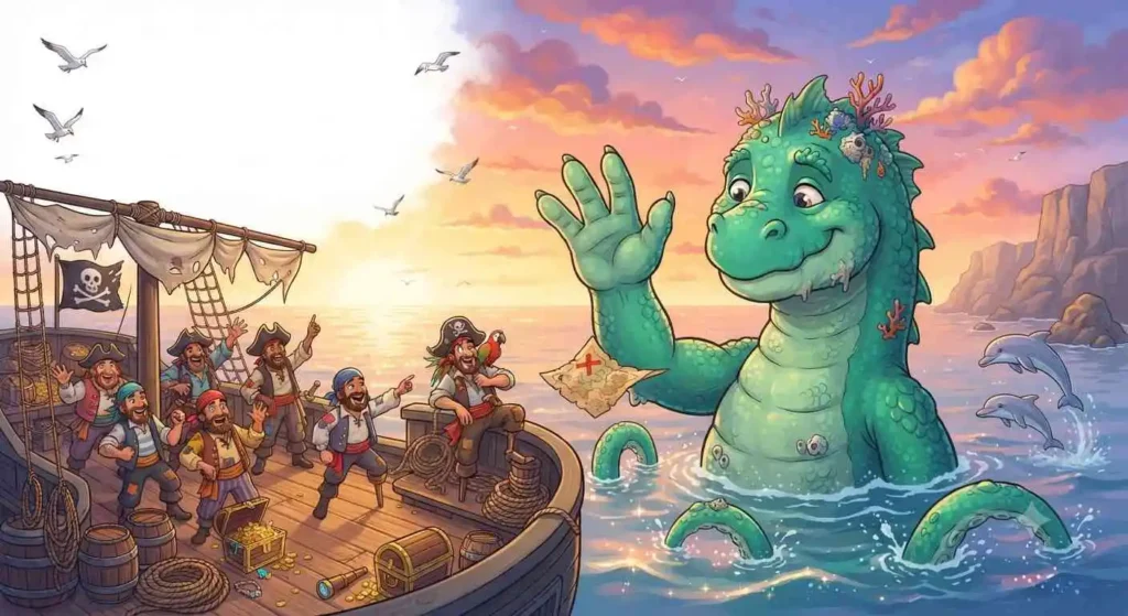 Happy sea monster waving hello