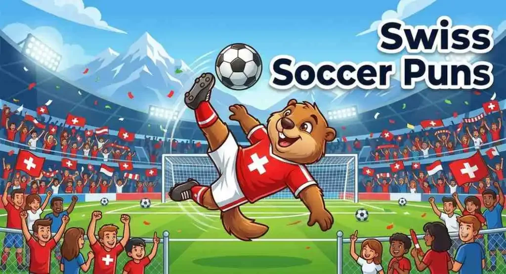 Funny Swiss soccer mascot kicking