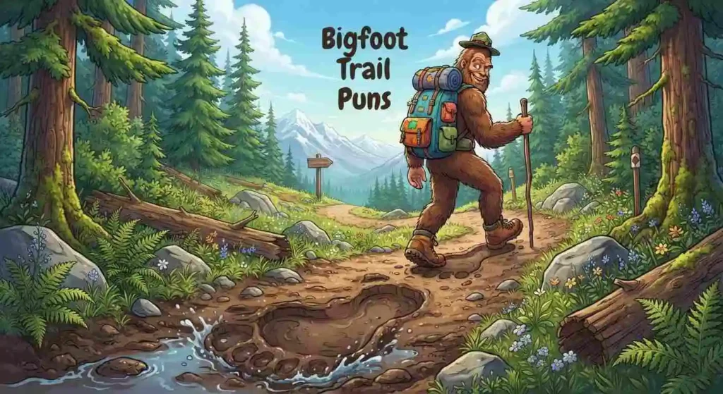 Bigfoot hiking on forest trail