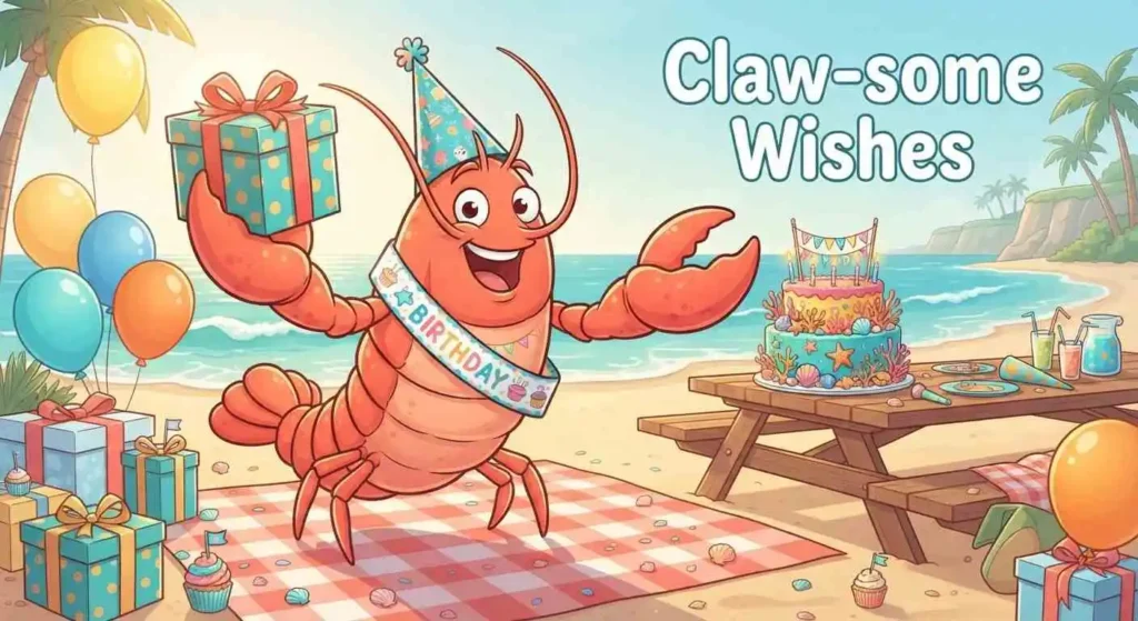 Lobster holding birthday gifts