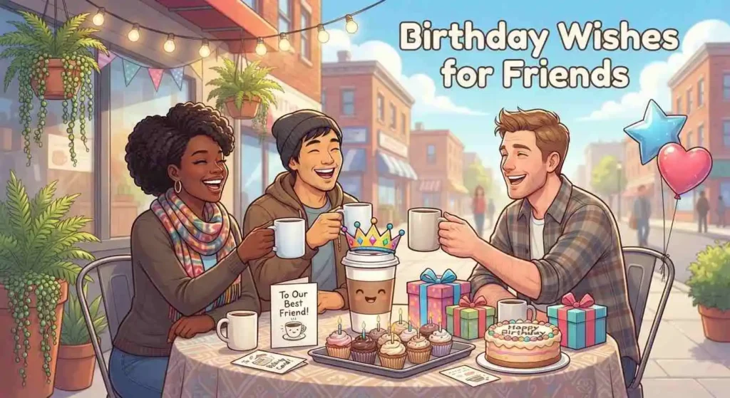 Friends sharing coffee birthday wishes