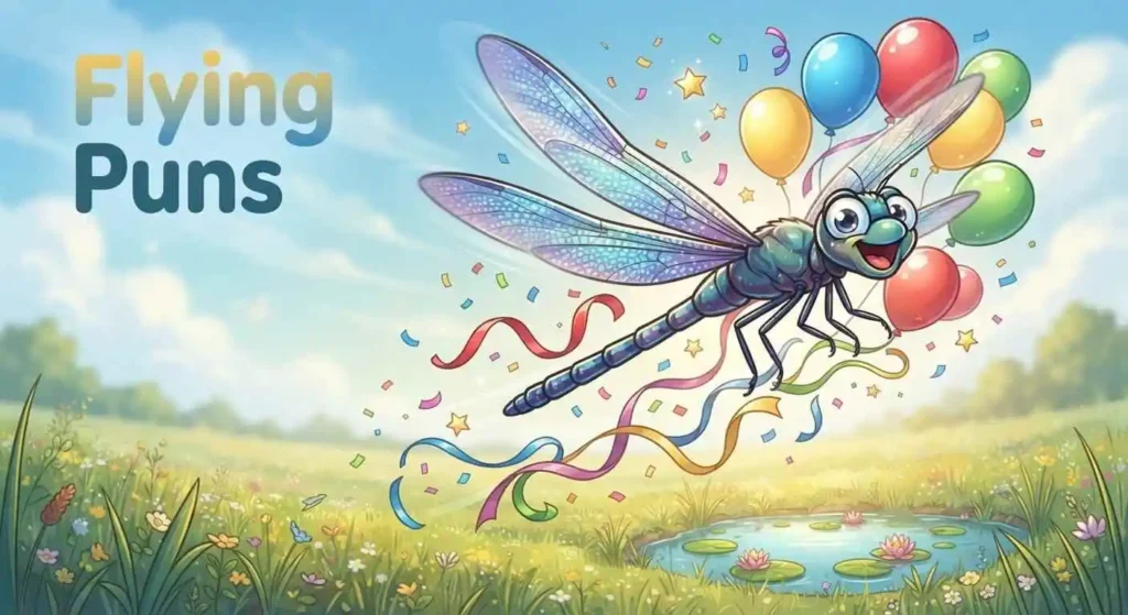 Dragonfly flying through birthday decorations