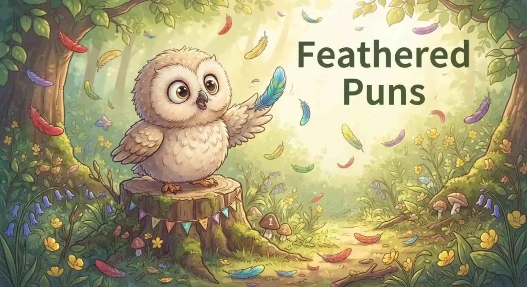 Cute owl surrounded by feathers