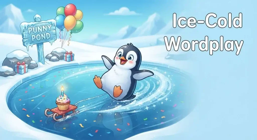 Penguin playing on icy birthday scene