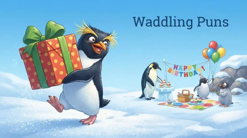 Funny penguin waddling birthday party