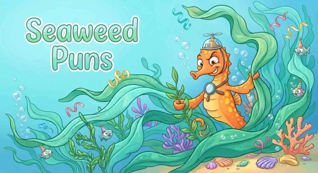 Seahorse playing among seaweed