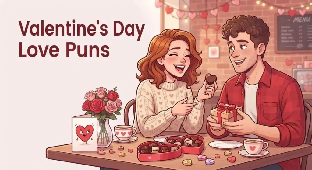 Romantic couple sharing Valentine puns
