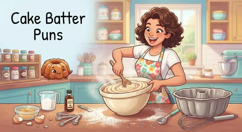 Funny Bundt cake batter baking scene