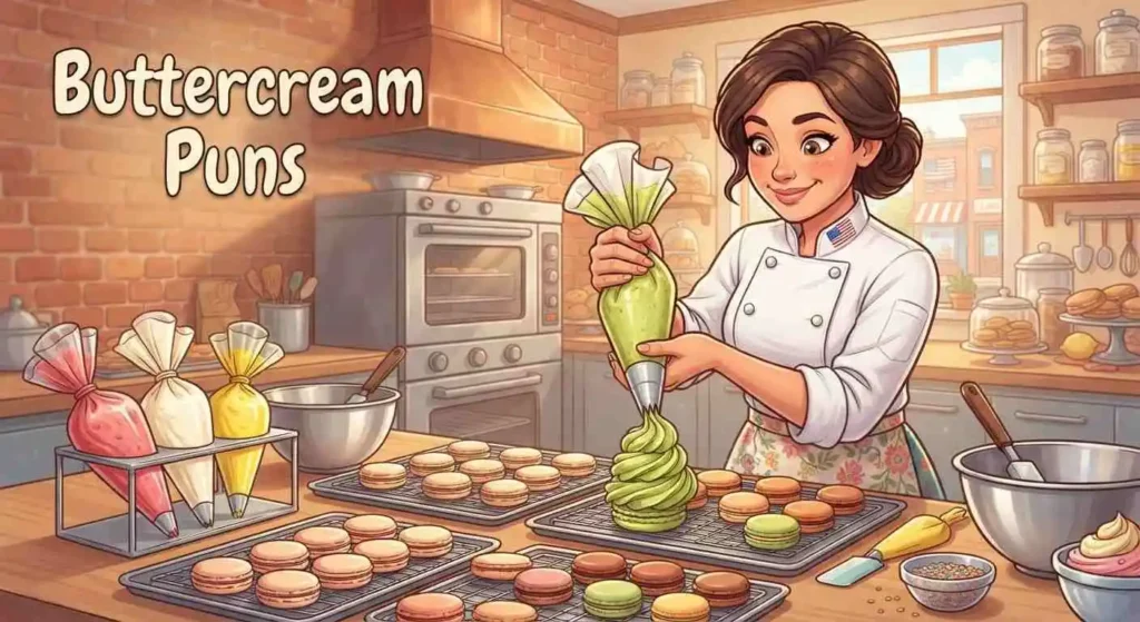Macaron baker piping colorful buttercream