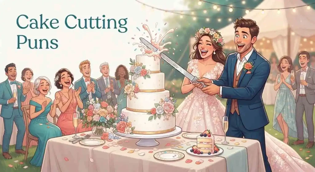 Funny couple cutting wedding cake
