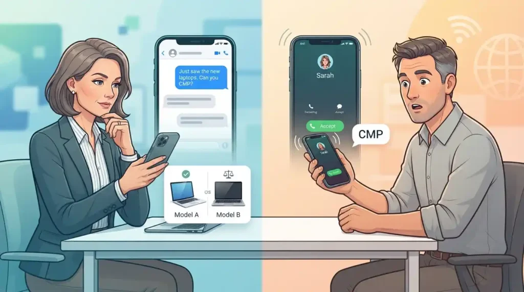 Two texting contexts showing different meanings of CMP