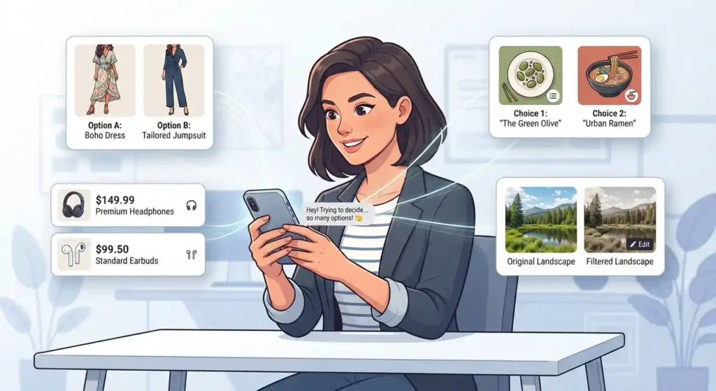 Examples of comparing outfits, photos, prices, and choices