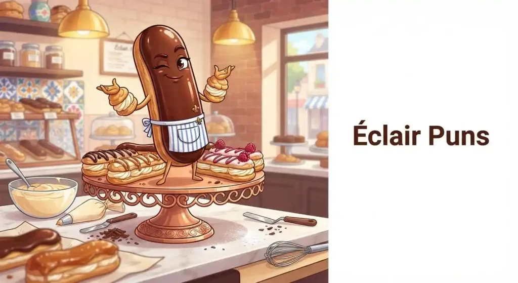 Funny éclair character in bakery scene
