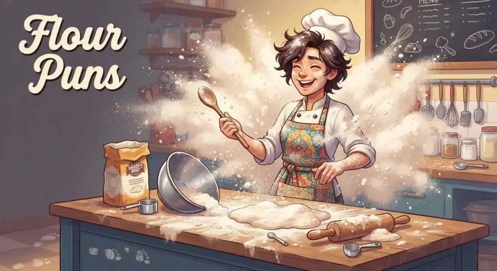 Funny baker covered in flour