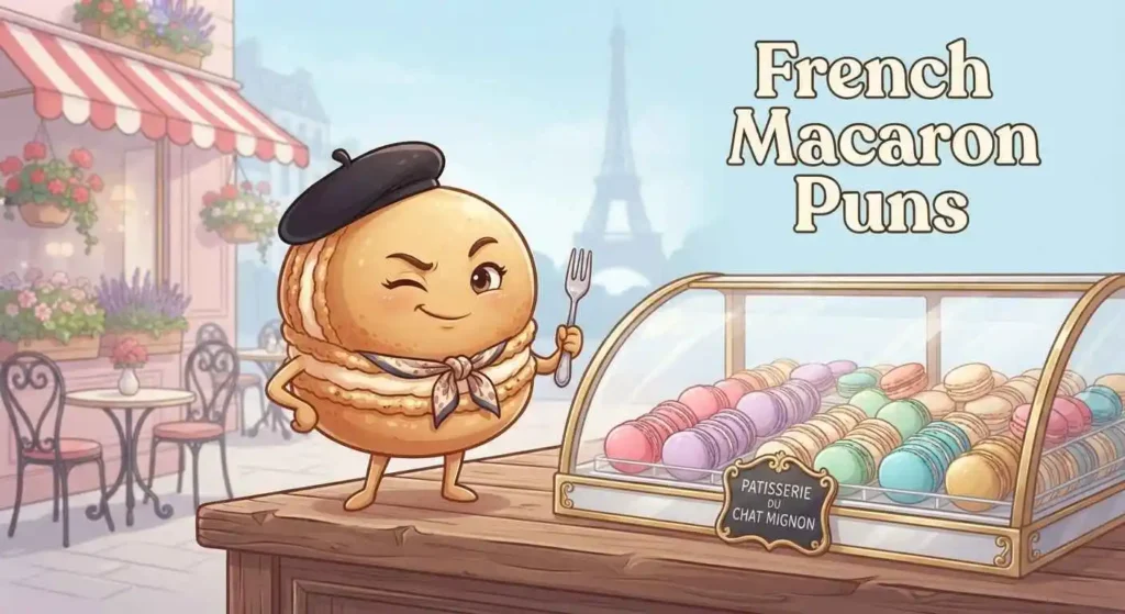 French macarons beside Paris bakery scene