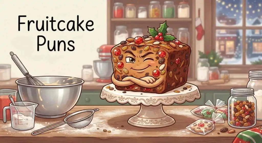 Funny fruitcake surrounded by Christmas treats