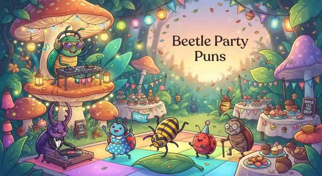 Funny beetles celebrating with party decorations
