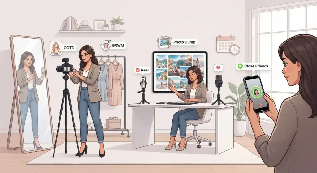 Creator preparing Instagram Reels, outfit posts, and a photo dump