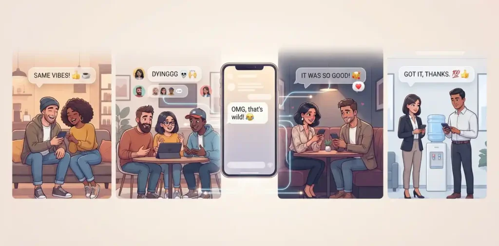 Adults using casual slang in friendship, group chat, and dating conversations
