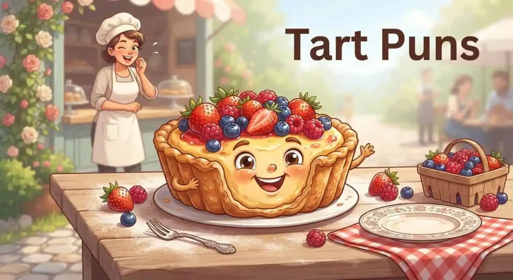 
Funny fruit tart character at pastry table
