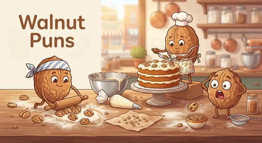 Funny walnut characters making cake jokes