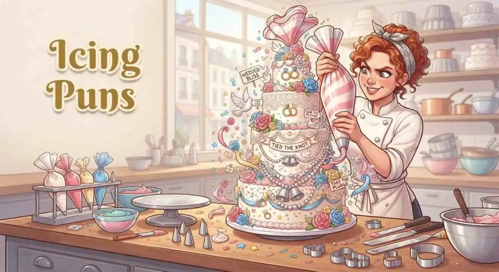 Funny wedding icing cake illustration