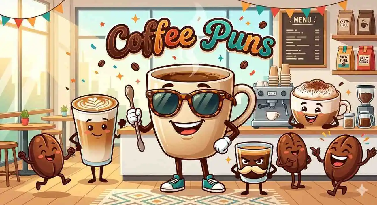 Funny coffee characters sharing laughs
