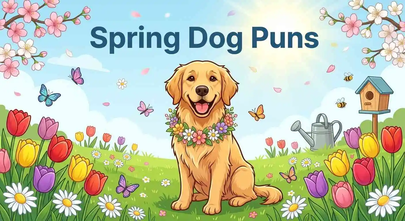 Happy dog among spring flowers.