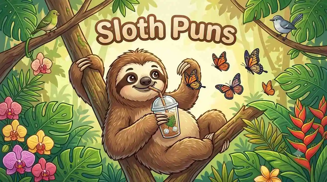 Cute smiling sloth hanging happily