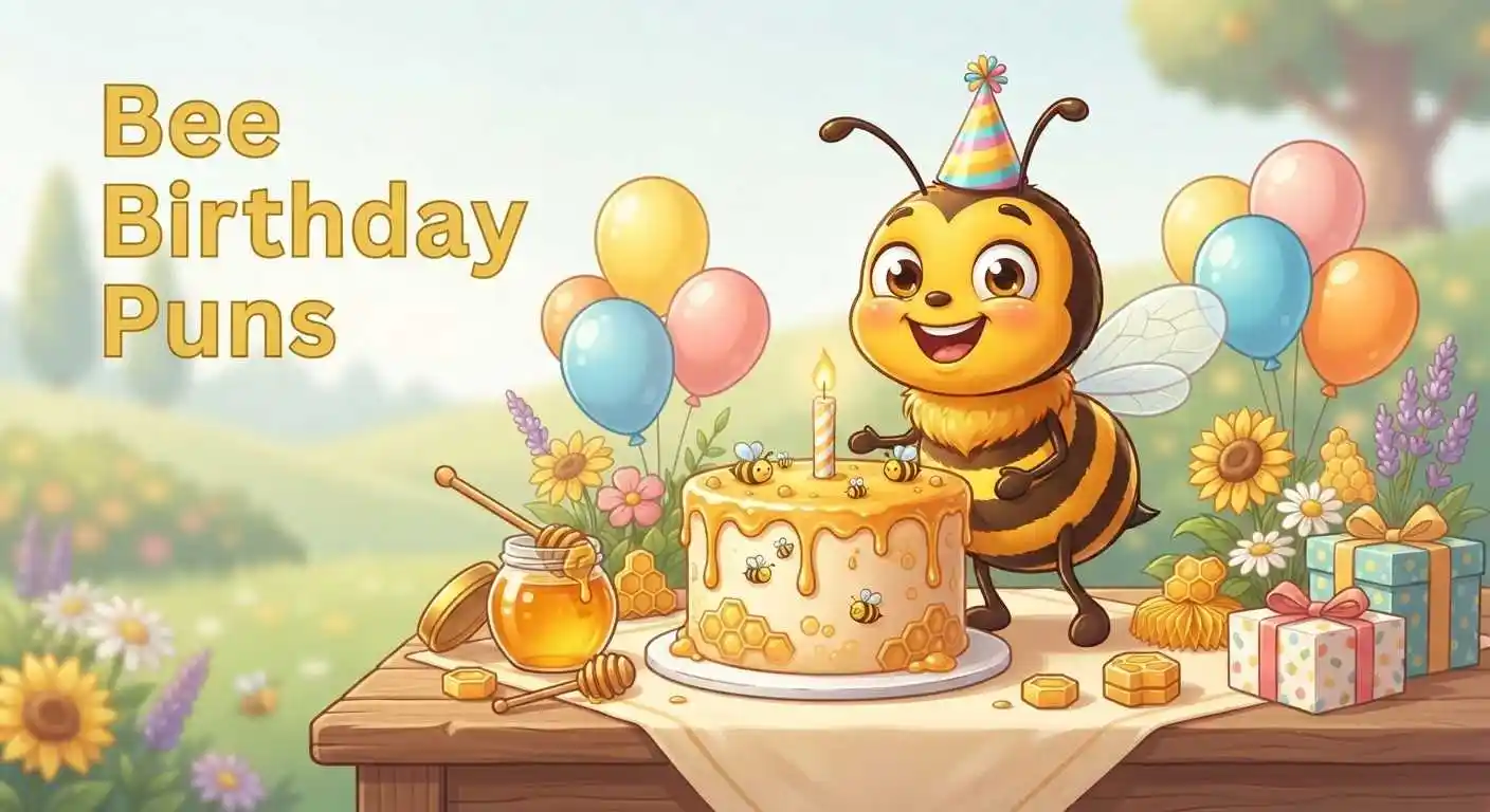 Cheerful bee celebrating birthday with honey