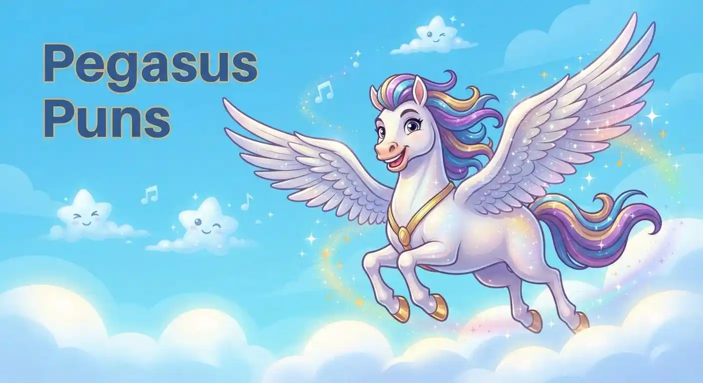 Funny Pegasus flying through clouds