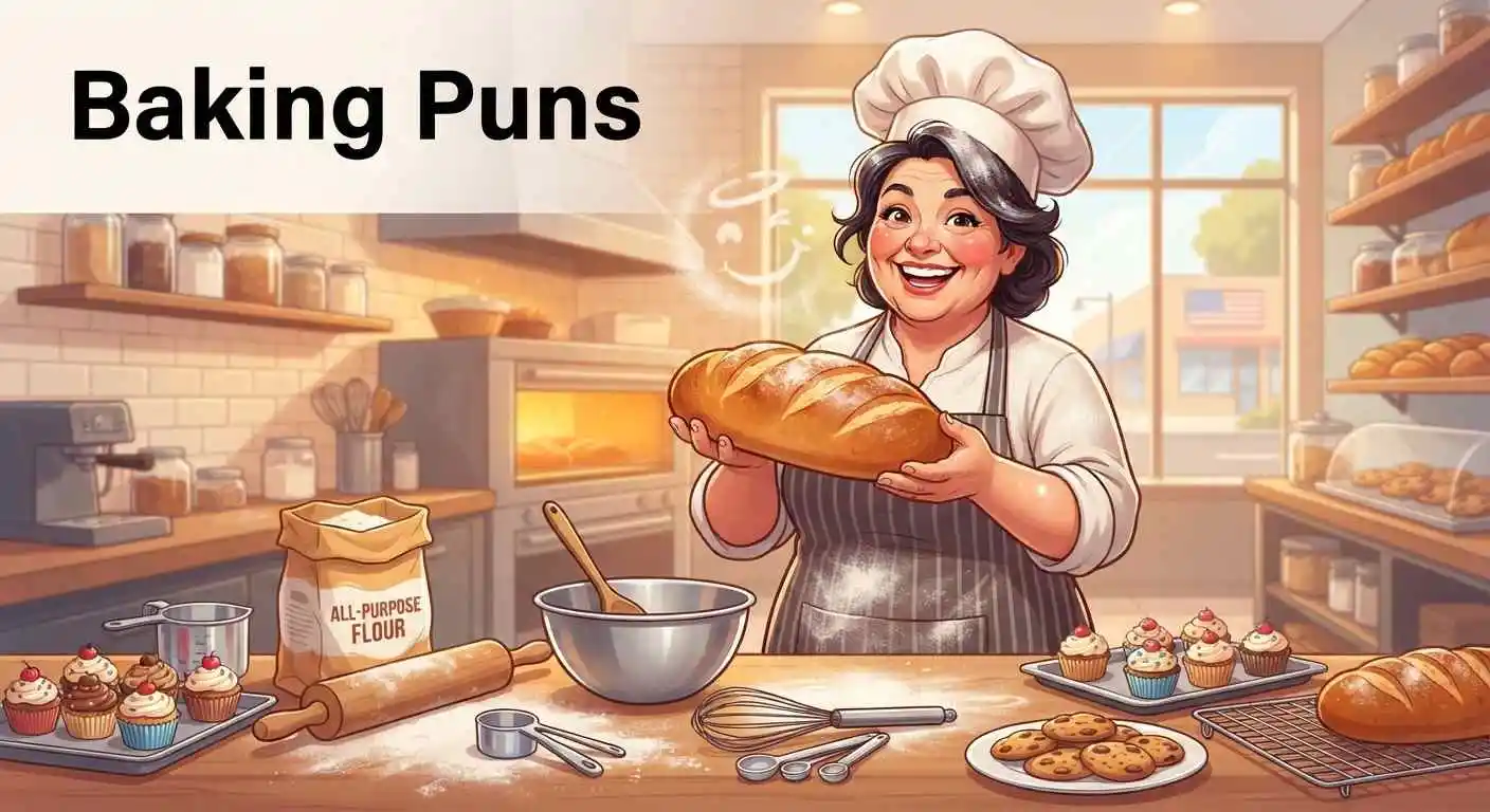 Funny baker making playful baking puns