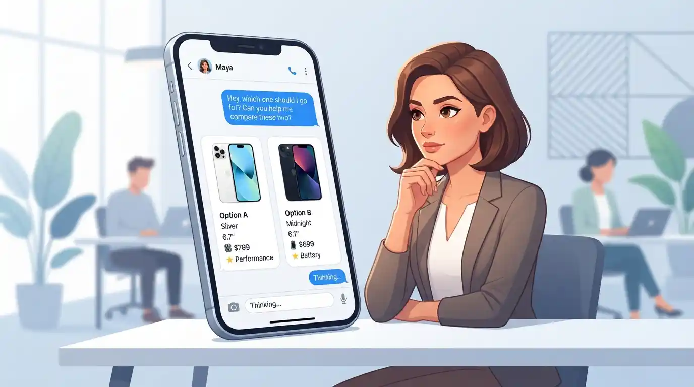 Adult comparing two smartphones through a text message