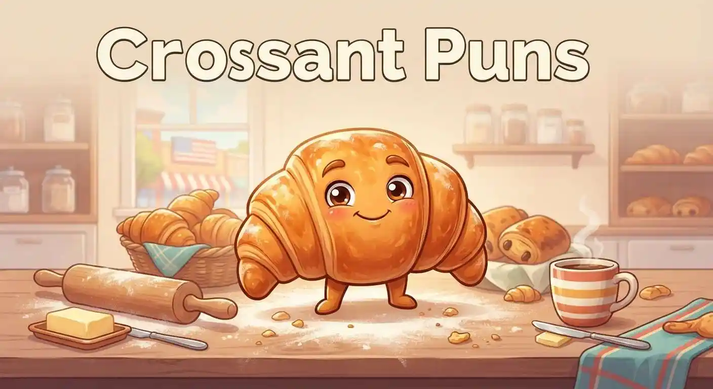 Funny croissant character in bakery
